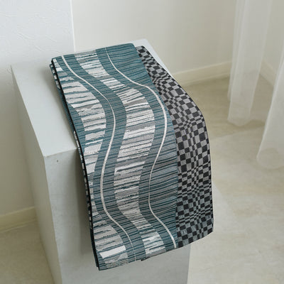 【半幅帯 リバーシブル 翠流光】帯単品 小袋帯 長尺 日本製 細帯 オールシーズン 浴衣 紬 小紋 着物 エメラルドグリーン グレー 黒（5279627200）