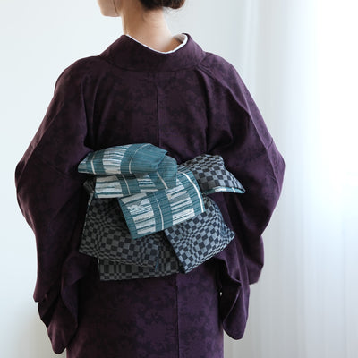 【半幅帯 リバーシブル 翠流光】帯単品 小袋帯 長尺 日本製 細帯 オールシーズン 浴衣 紬 小紋 着物 エメラルドグリーン グレー 黒（5279627200）