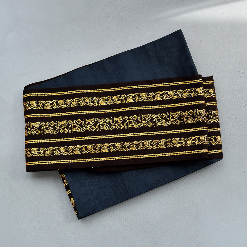 【半幅帯 リバーシブル 壁画調 猫】帯単品 小袋帯 長尺 日本製 細帯 オールシーズン 浴衣 紬 小紋 着物 ブラック 金（5279627300）