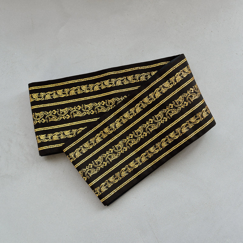 【半幅帯 リバーシブル 壁画調 猫】帯単品 小袋帯 長尺 日本製 細帯 オールシーズン 浴衣 紬 小紋 着物 ブラック 金（5279627300）