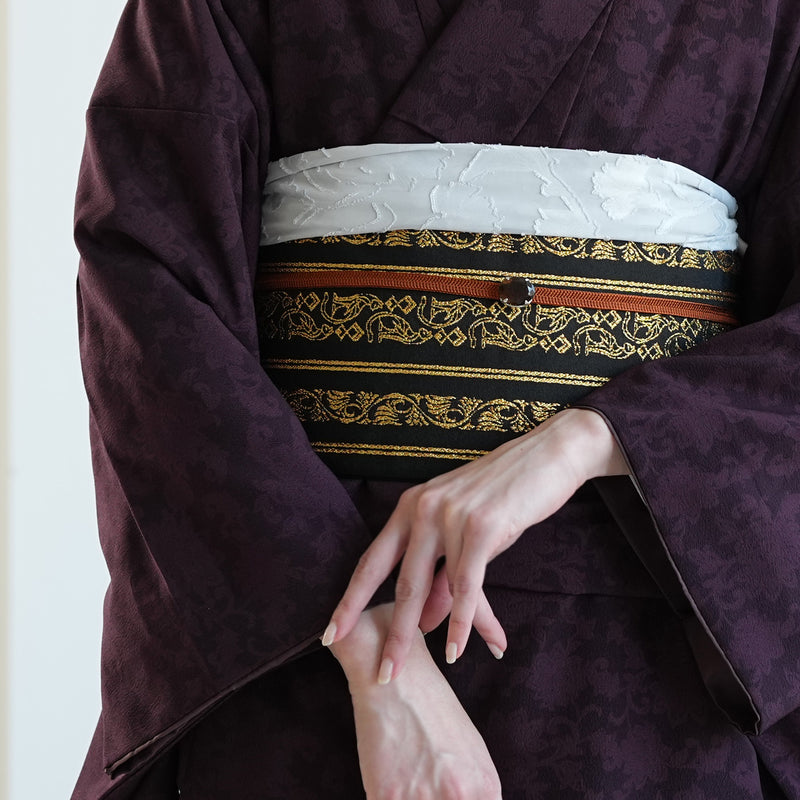 【半幅帯 リバーシブル 壁画調 猫】帯単品 小袋帯 長尺 日本製 細帯 オールシーズン 浴衣 紬 小紋 着物 ブラック 金（5279627300）