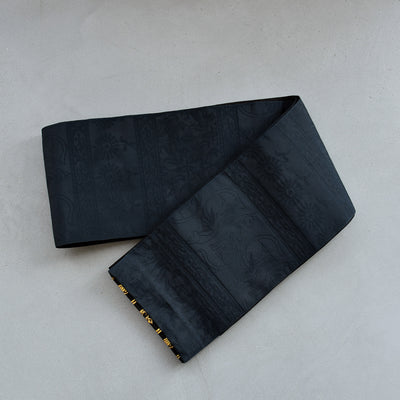 【半幅帯 リバーシブル 壁画調 猫】帯単品 小袋帯 長尺 日本製 細帯 オールシーズン 浴衣 紬 小紋 着物 ブラック 金（5279627300）