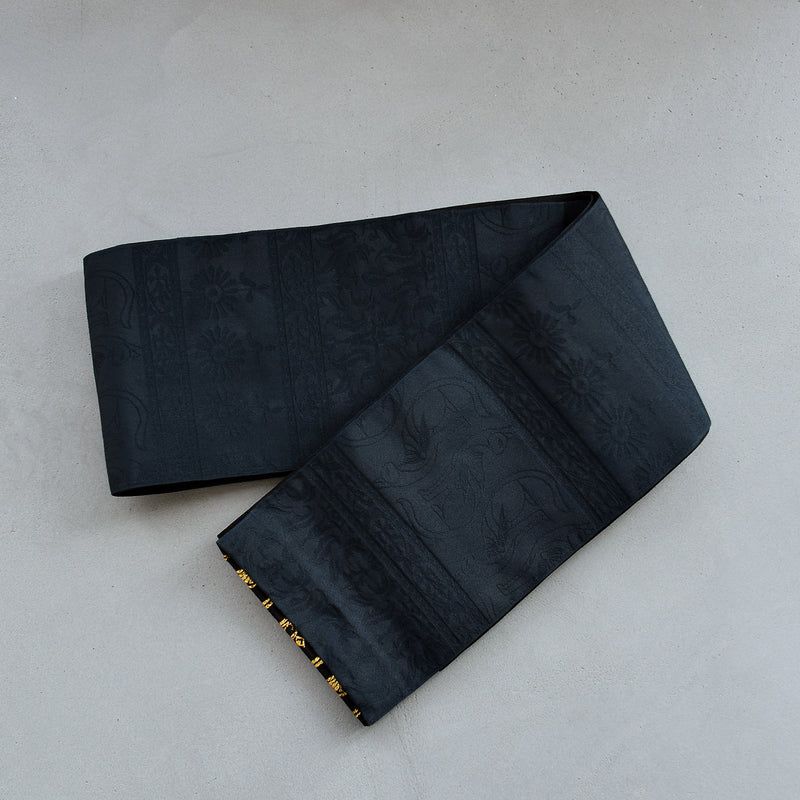 【半幅帯 リバーシブル 壁画調 猫】帯単品 小袋帯 長尺 日本製 細帯 オールシーズン 浴衣 紬 小紋 着物 ブラック 金（5279627300）