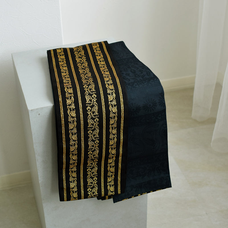 【半幅帯 リバーシブル 壁画調 猫】帯単品 小袋帯 長尺 日本製 細帯 オールシーズン 浴衣 紬 小紋 着物 ブラック 金（5279627300）