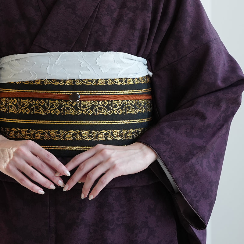 【半幅帯 リバーシブル 壁画調 猫】帯単品 小袋帯 長尺 日本製 細帯 オールシーズン 浴衣 紬 小紋 着物 ブラック 金（5279627300）