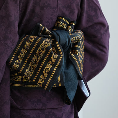 【半幅帯 リバーシブル 壁画調 猫】帯単品 小袋帯 長尺 日本製 細帯 オールシーズン 浴衣 紬 小紋 着物 ブラック 金（5279627300）