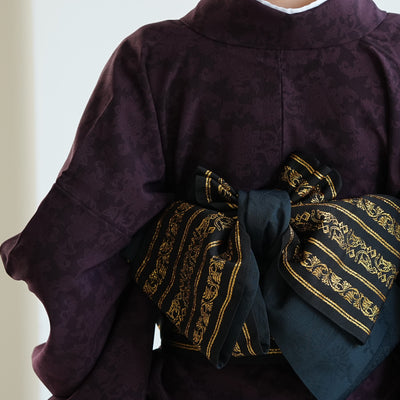 【半幅帯 リバーシブル 壁画調 猫】帯単品 小袋帯 長尺 日本製 細帯 オールシーズン 浴衣 紬 小紋 着物 ブラック 金（5279627300）