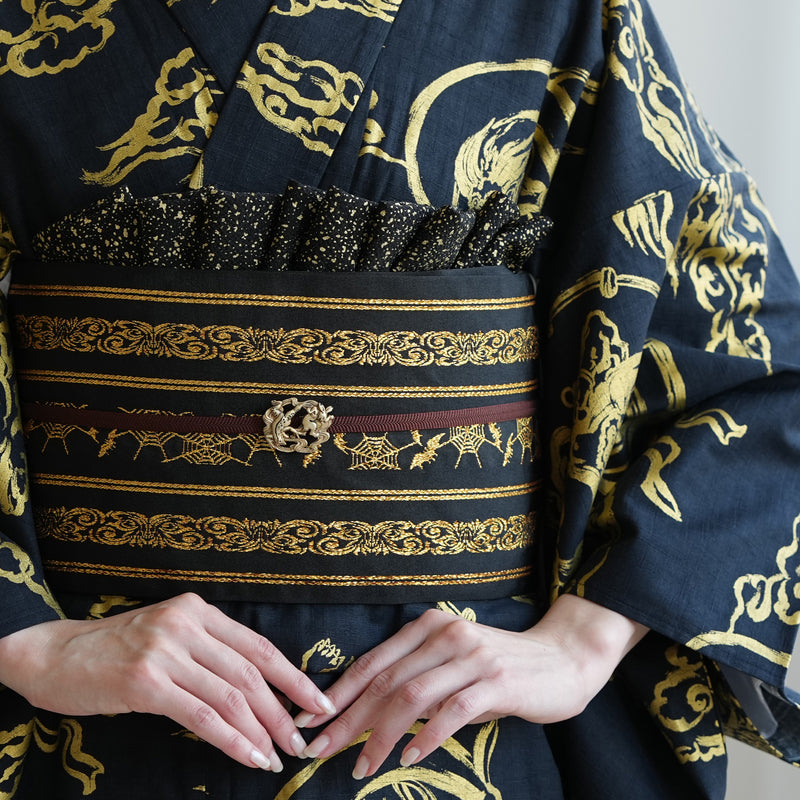 【半幅帯 リバーシブル 壁画調 蜘蛛の巣】帯単品 小袋帯 長尺 日本製 細帯 オールシーズン 浴衣 紬 小紋 着物 ブラック 金（5279627400）