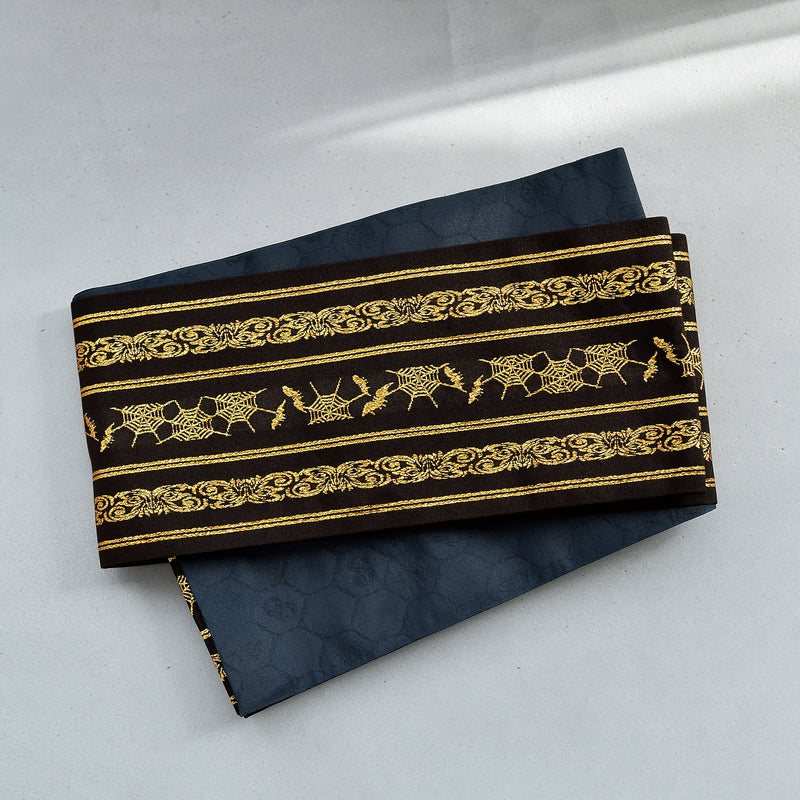 【半幅帯 リバーシブル 壁画調 蜘蛛の巣】帯単品 小袋帯 長尺 日本製 細帯 オールシーズン 浴衣 紬 小紋 着物 ブラック 金（5279627400）