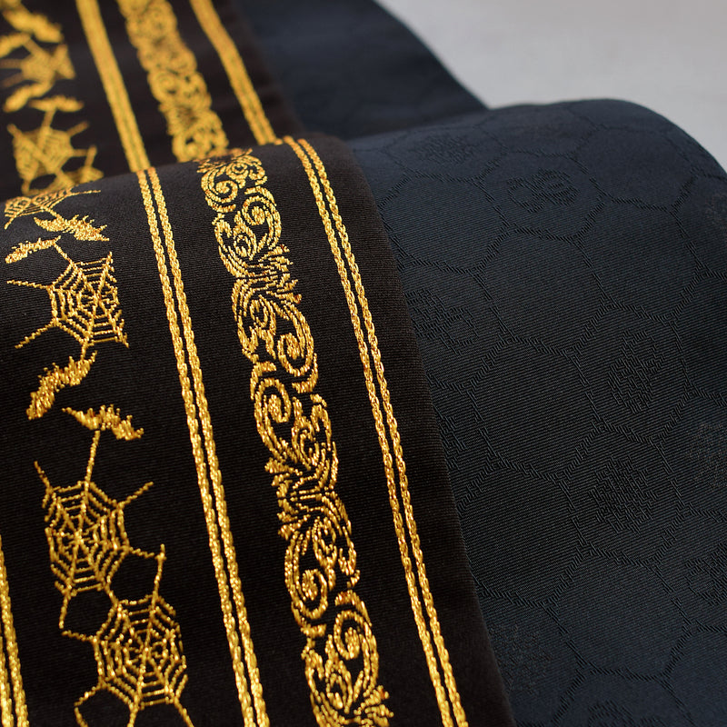 【半幅帯 リバーシブル 壁画調 蜘蛛の巣】帯単品 小袋帯 長尺 日本製 細帯 オールシーズン 浴衣 紬 小紋 着物 ブラック 金（5279627400）