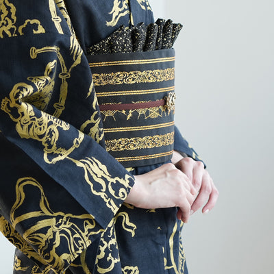 【半幅帯 リバーシブル 壁画調 蜘蛛の巣】帯単品 小袋帯 長尺 日本製 細帯 オールシーズン 浴衣 紬 小紋 着物 ブラック 金（5279627400）