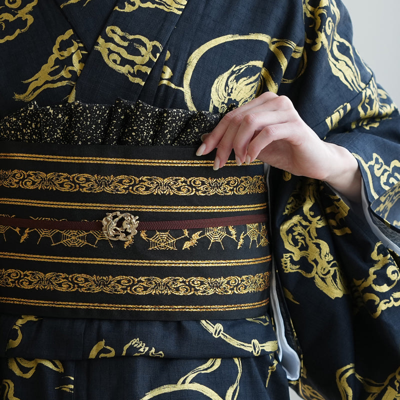 【半幅帯 リバーシブル 壁画調 蜘蛛の巣】帯単品 小袋帯 長尺 日本製 細帯 オールシーズン 浴衣 紬 小紋 着物 ブラック 金（5279627400）