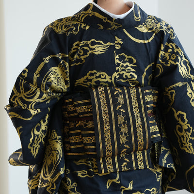 【半幅帯 リバーシブル 壁画調 蜘蛛の巣】帯単品 小袋帯 長尺 日本製 細帯 オールシーズン 浴衣 紬 小紋 着物 ブラック 金（5279627400）