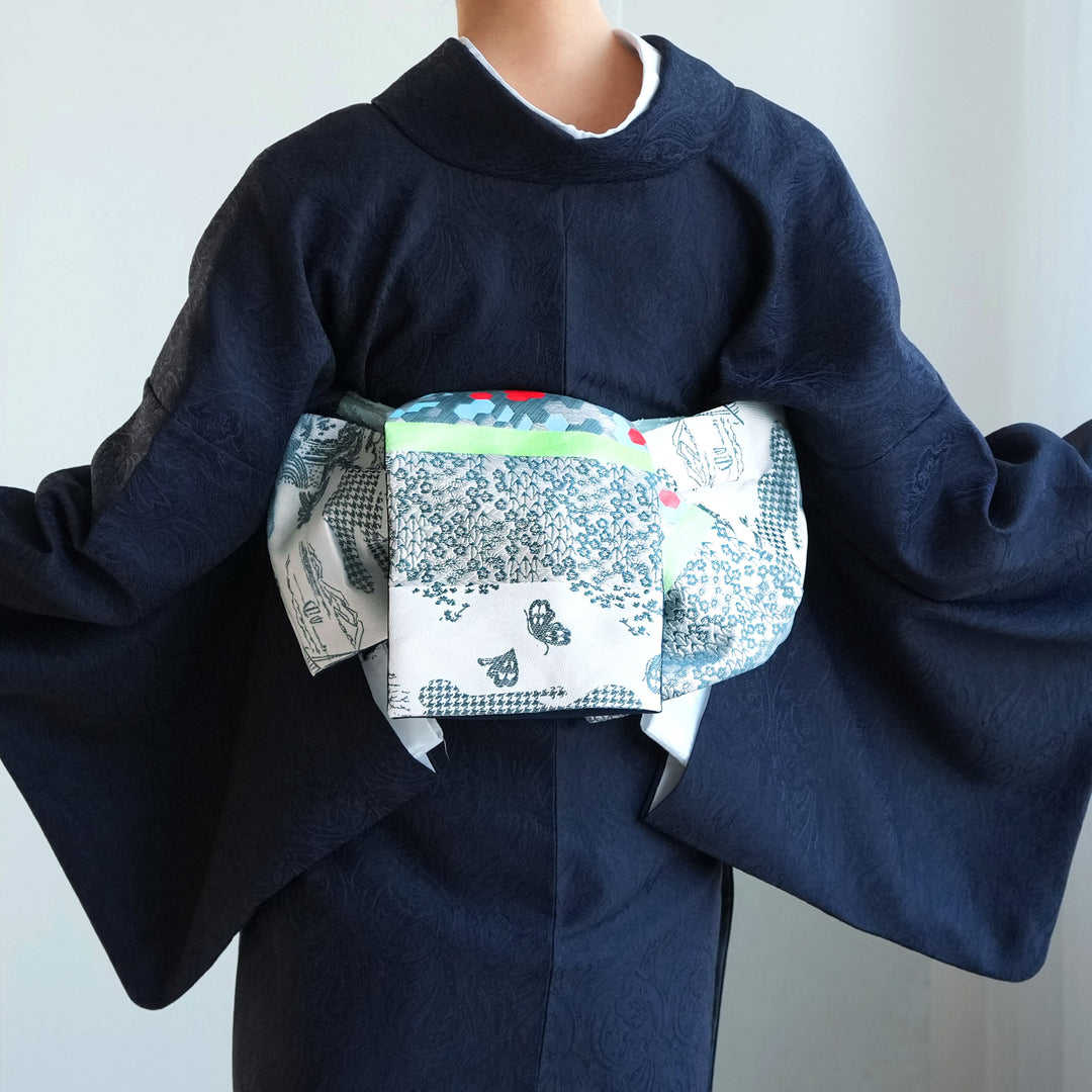 半幅帯 細帯 継ぎはぎの後景】帯単品 日本製 浴衣 着物 小紋 個性的