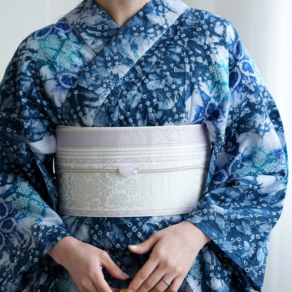 半幅帯 utatane×井上絹織 ホワイト ラベンダー】帯単品 博多織 小袋帯