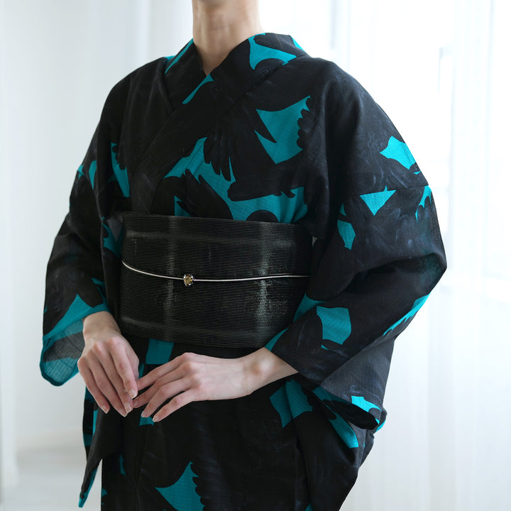 専用です☆アンティーク黒色に鮮やかな模様の着物に作り帯 帯 誉田屋源兵衛 半幅帯 微乃火 黒鼡】帯単品 レディース 日本製 伝統