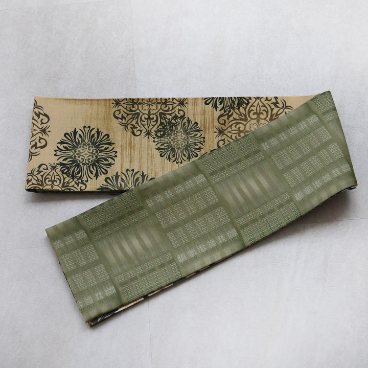 花唐草袋帯、半襟2点セット 帯 小袋帯 正絹 半幅帯 唐草模様 ベージュ 緑 半巾帯 日本製
