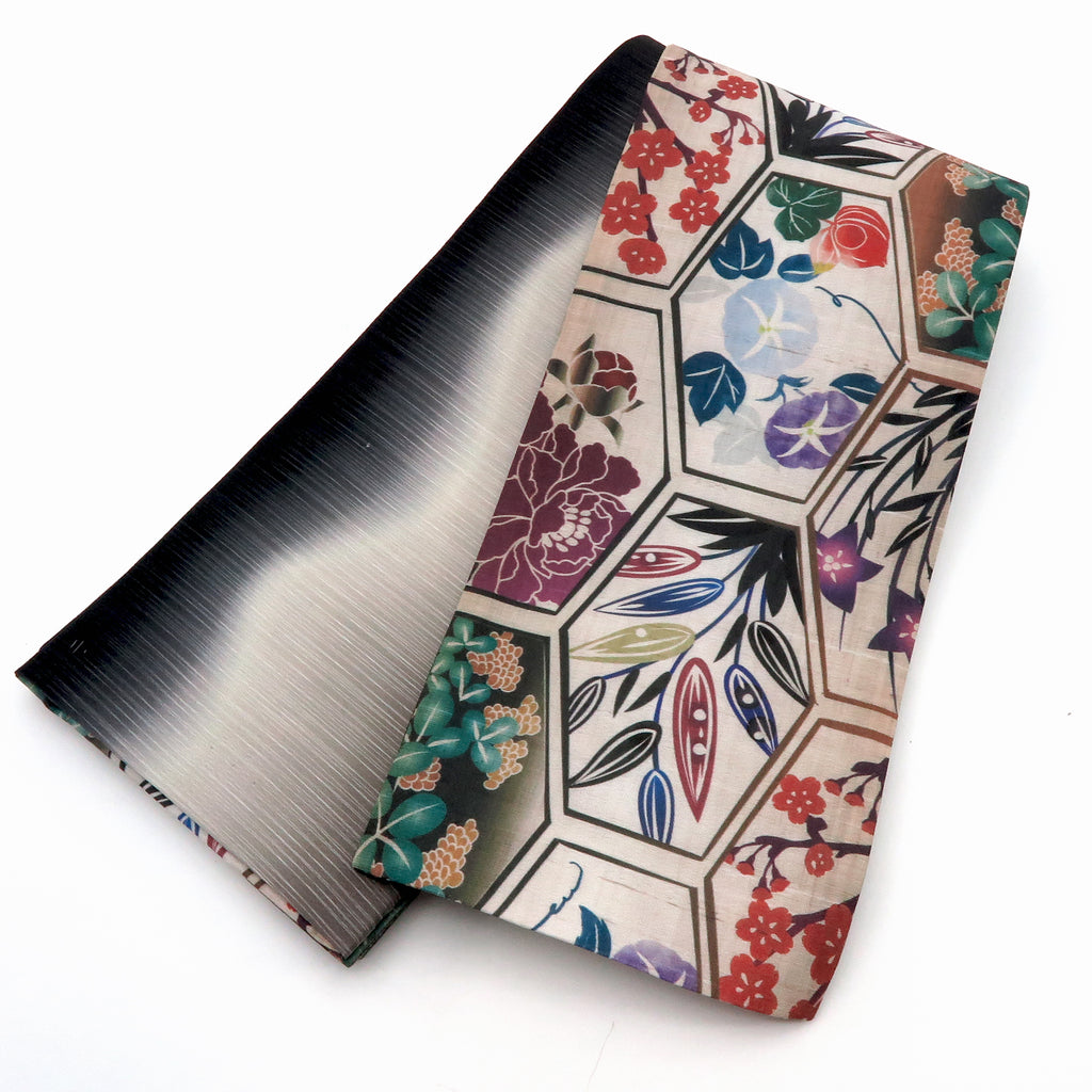 半巾帯　6点セット 帯 小袋帯 正絹 半幅帯 亀甲 梅 牡丹 朝顔 クリーム 黒 半巾帯