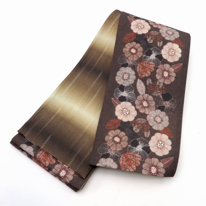帯 小袋帯 正絹 半幅帯 菊 縞 ブラウン 茶色 赤 半巾帯 日本製 （5280606900）
