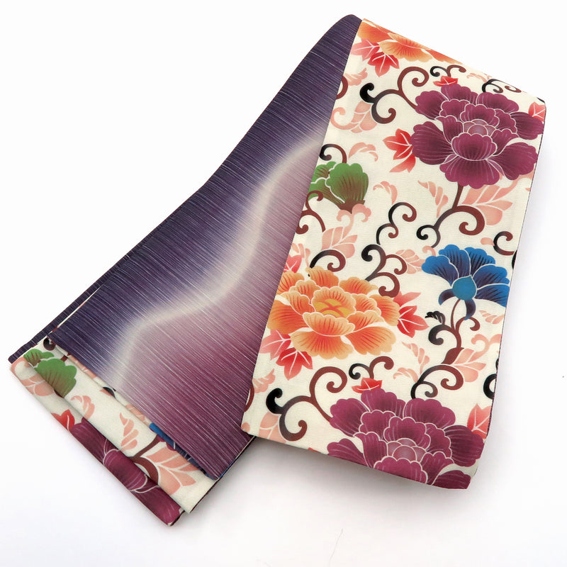 帯 小袋帯 正絹 半幅帯 唐草模様 紫 オレンジ 青 クリーム 半巾帯 日本製 （5280607000）