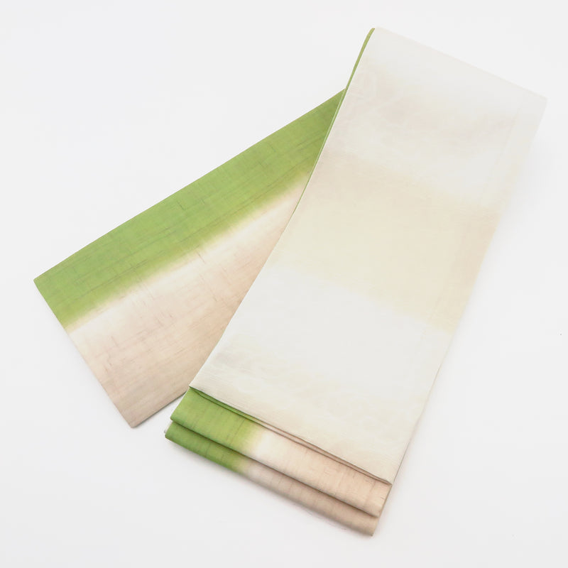 帯 小袋帯 正絹 半幅帯 縞 黄緑 白 ベージュ 半巾帯 日本製 （5280608400）