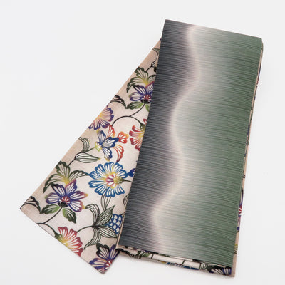 帯 小袋帯 正絹 半幅帯 花柄 ベージュ 黒 グレー 半巾帯 日本製 （5280608500）