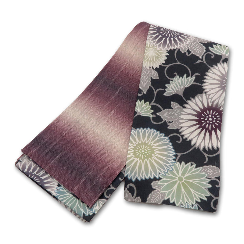 帯 小袋帯 正絹 半幅帯 菊 紫 グレー 黒 半巾帯 日本製 （5280608600）