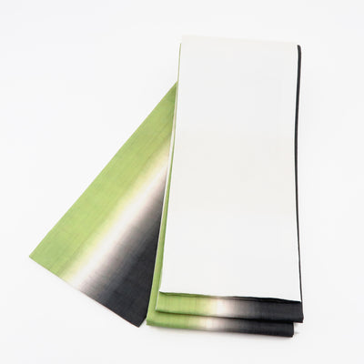 帯 小袋帯 正絹 半幅帯 縞 白 黄緑 黒 半巾帯 日本製 （5280608800）