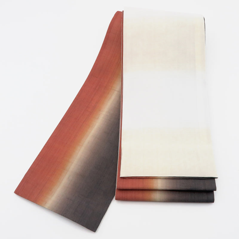 帯 小袋帯 正絹 半幅帯 縞 橙 オレンジ ブラウン 茶色 半巾帯 日本製 （5280609500）