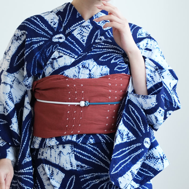 【兵児帯  清江絞り 有松染め バラ疋田　薄レンガ】綿麻 帯単品 日本製 麻混 夏用 浴衣や夏着物にも（5281610600）