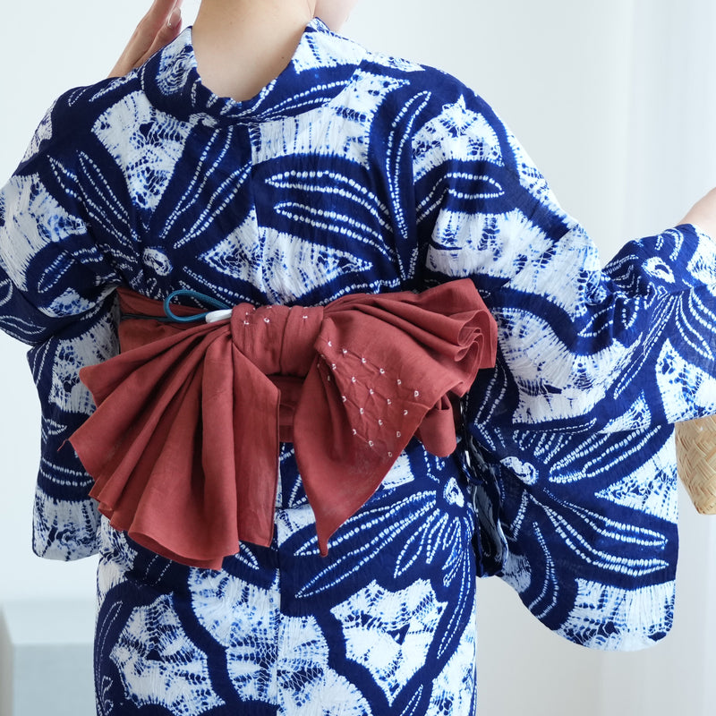 【兵児帯  清江絞り 有松染め バラ疋田　薄レンガ】綿麻 帯単品 日本製 麻混 夏用 浴衣や夏着物にも（5281610600）