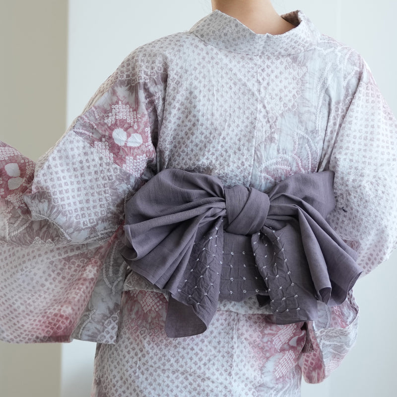 【兵児帯  清江絞り 有松染め バラ疋田　グレイッシュラベンダー】綿麻 帯単品 日本製 麻混 夏用 浴衣や夏着物にも（5281610700）