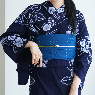【兵児帯  清江絞り 有松染め バラ疋田　インクブルー】綿麻 帯単品 日本製 麻混 夏用 浴衣や夏着物にも（5281610900）