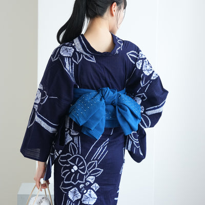 【兵児帯  清江絞り 有松染め バラ疋田　インクブルー】綿麻 帯単品 日本製 麻混 夏用 浴衣や夏着物にも（5281610900）