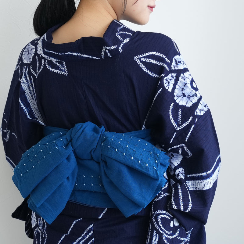 【兵児帯  清江絞り 有松染め バラ疋田　インクブルー】綿麻 帯単品 日本製 麻混 夏用 浴衣や夏着物にも（5281610900）
