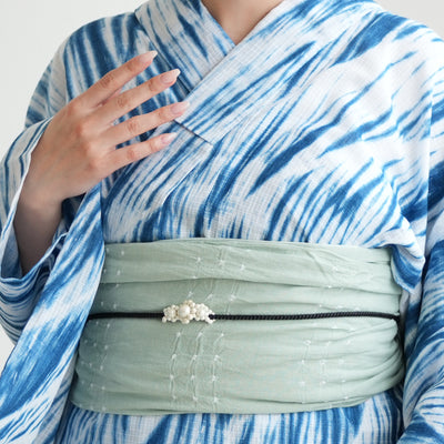 【兵児帯  清江絞り 有松染め  バラ疋田　薄グリーン】綿麻 帯単品 日本製 麻混 夏用 浴衣や夏着物にも（5281611000）