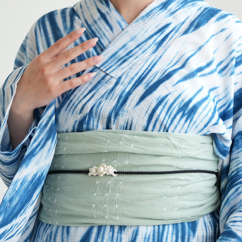 【兵児帯  清江絞り 有松染め  バラ疋田　薄グリーン】綿麻 帯単品 日本製 麻混 夏用 浴衣や夏着物にも（5281611000）