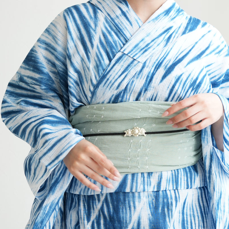 【兵児帯  清江絞り 有松染め  バラ疋田　薄グリーン】綿麻 帯単品 日本製 麻混 夏用 浴衣や夏着物にも（5281611000）