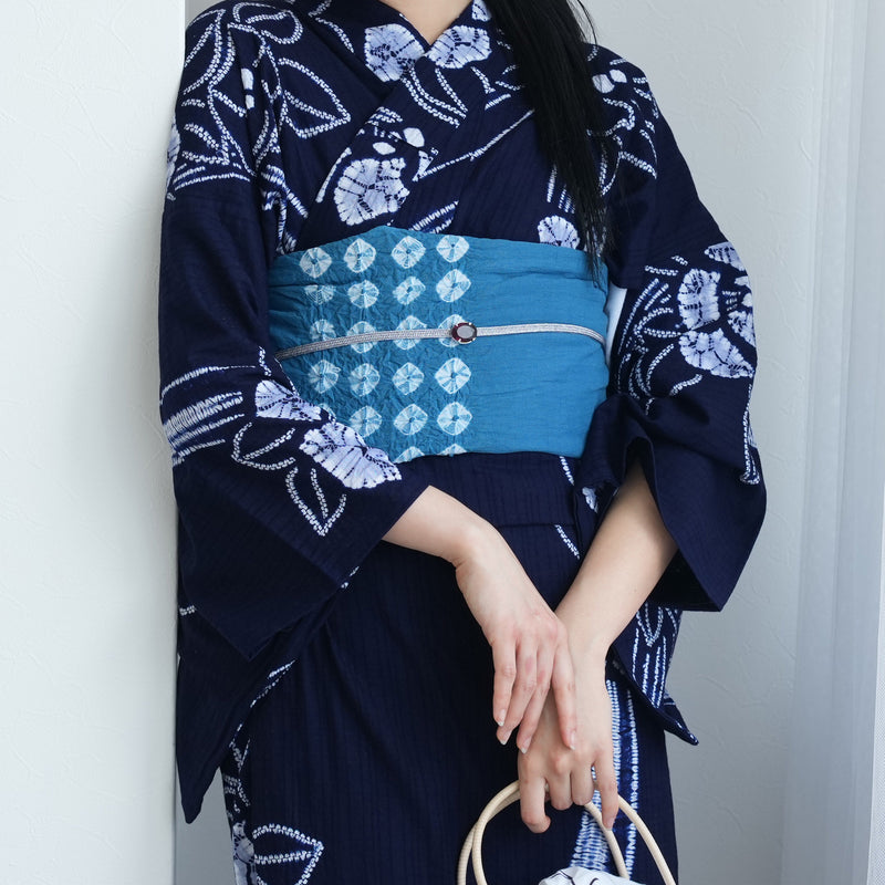 【兵児帯  清江絞り 有松染め 菱　薄藍】綿麻 帯単品 日本製 麻混 夏用 浴衣や夏着物にも（5281611300）