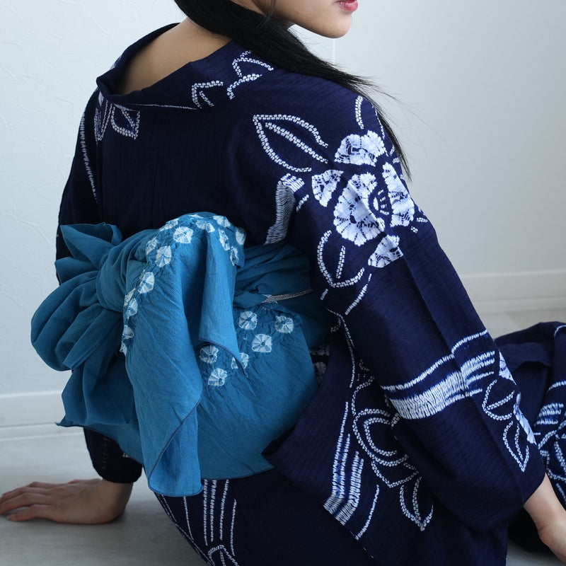 【兵児帯  清江絞り 有松染め 菱　薄藍】綿麻 帯単品 日本製 麻混 夏用 浴衣や夏着物にも（5281611300）
