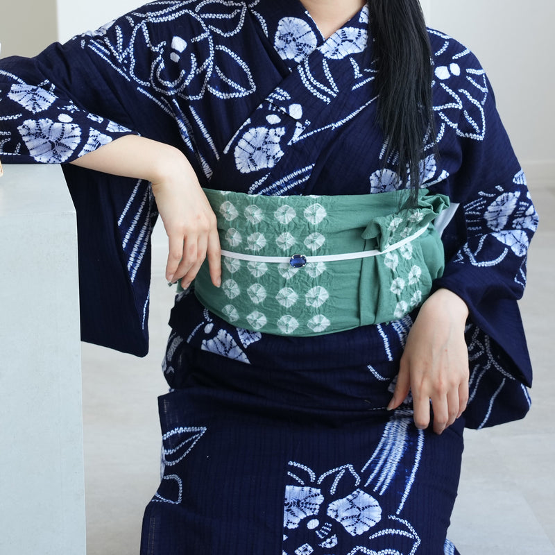 【兵児帯  清江絞り 有松染め 菱　グリーン】綿麻 帯単品 日本製 麻混 夏用 浴衣や夏着物にも（5281611400）