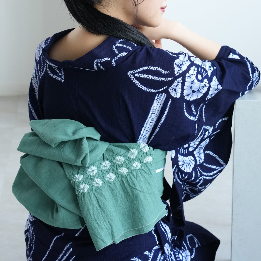 み*き様 絞り浴衣 兵児帯セット 有松絞り 164/裄72.5 兵児帯 清江絞り 有松染め 菱 グリーン】綿麻 帯単品 日本製 麻混 夏用