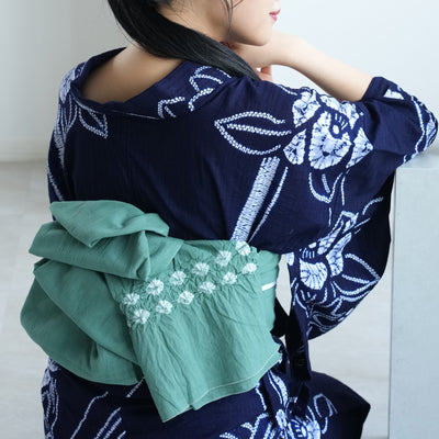 【兵児帯  清江絞り 有松染め 菱　グリーン】綿麻 帯単品 日本製 麻混 夏用 浴衣や夏着物にも（5281611400）