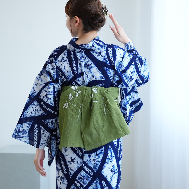 兵児帯 清江絞り 有松染め トンボ・菱・トンボ 抹茶】綿麻 帯単品 日本