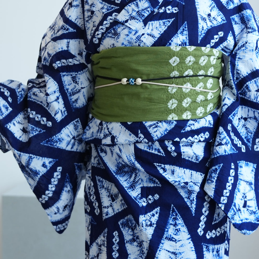 兵児帯 清江絞り 有松染め トンボ・菱・トンボ 抹茶】綿麻 帯単品 日本