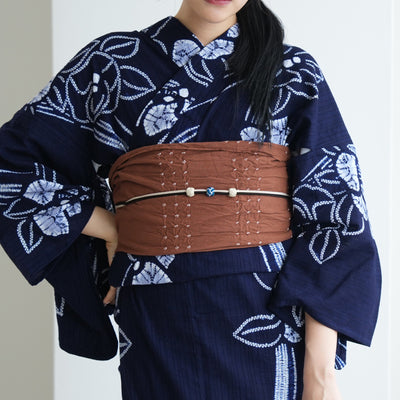 【兵児帯  清江絞り 有松染め  ツバメ・バラ疋田・ツバメ　茶色】綿麻 帯単品 日本製 麻混 夏用 浴衣や夏着物にも（5281612100）