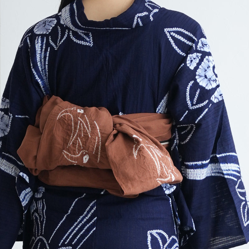 【兵児帯  清江絞り 有松染め  ツバメ・バラ疋田・ツバメ　茶色】綿麻 帯単品 日本製 麻混 夏用 浴衣や夏着物にも（5281612100）