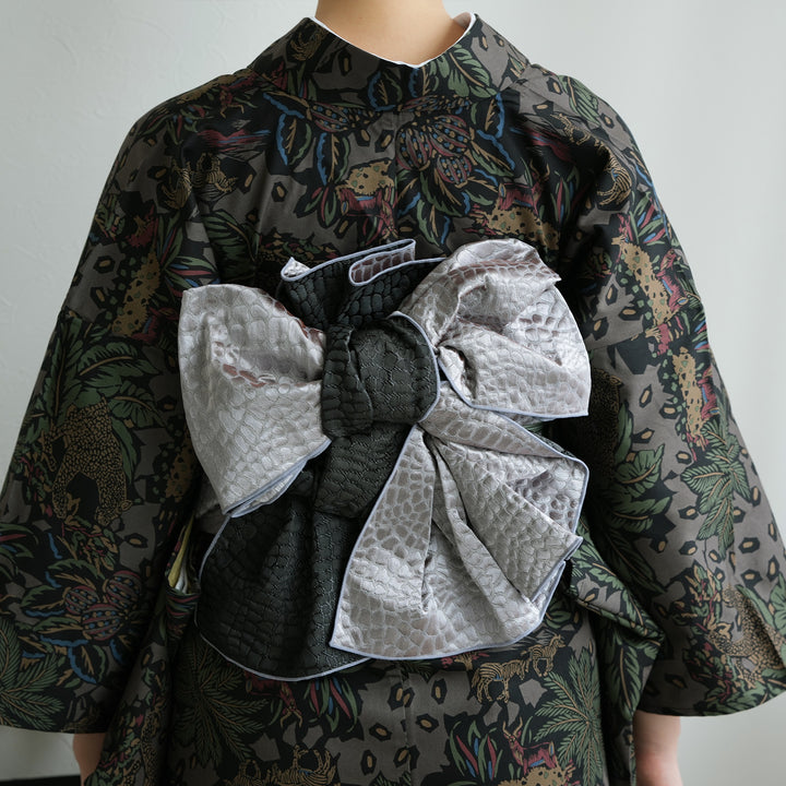 おまかせ下駄＋おまかせ白兵児帯つき◆◆ノー皺加工最高級カルキュロ◆変わり織り 兵児帯 ジャガード 艶クロコ ダークグレー】帯単品 日本製 大人のへこ