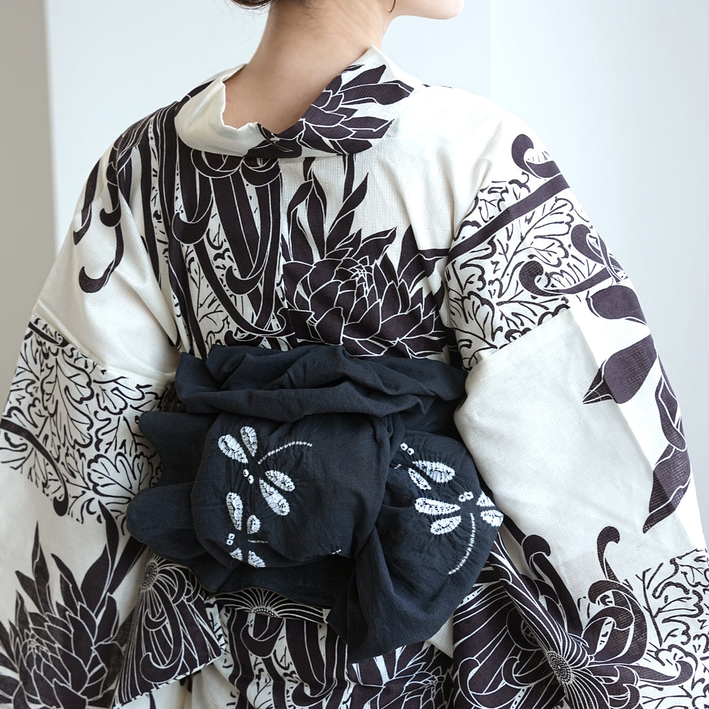 兵児帯 清江絞り 有松染め トンボ・菱・トンボ 墨黒】綿麻 帯単品 日本