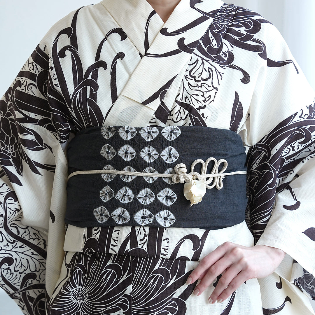 兵児帯 清江絞り 有松染め トンボ・菱・トンボ 墨黒】綿麻 帯単品 日本
